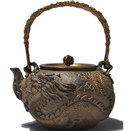 Japanese tetsubin cast iron teapot dragon and phoenix carving